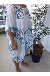 LAYLA Mavi Mercan Baskılı Ve Inci Işlemeli Elbise