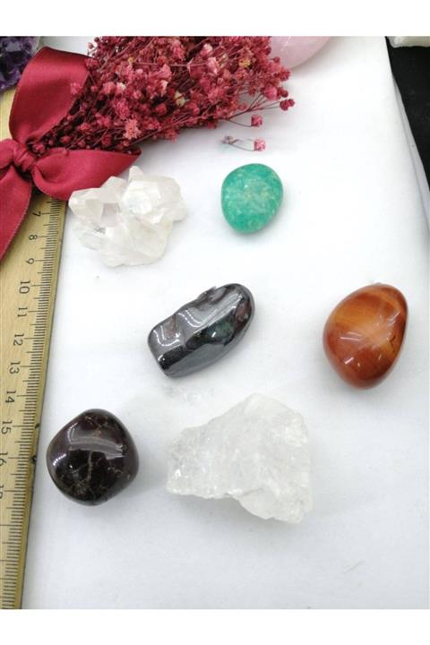 OSMANLI DOĞAL TAŞ Kristal Kuvars Amazonit Hematit Akik Lal Granat Ay Taşı Set 6 Parça