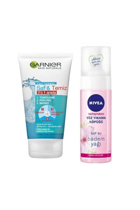 Garnier Saf & Temiz 3ü1 Arada Maske 150 ml + Nivea Yatıştırıcı Yüz Yıkama Köpüğü 150 ml