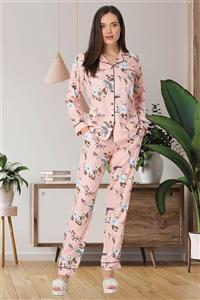 Bestin Kadın Pudra Pembe Büyük Beden Önden Düğmeli Pijama Takımı