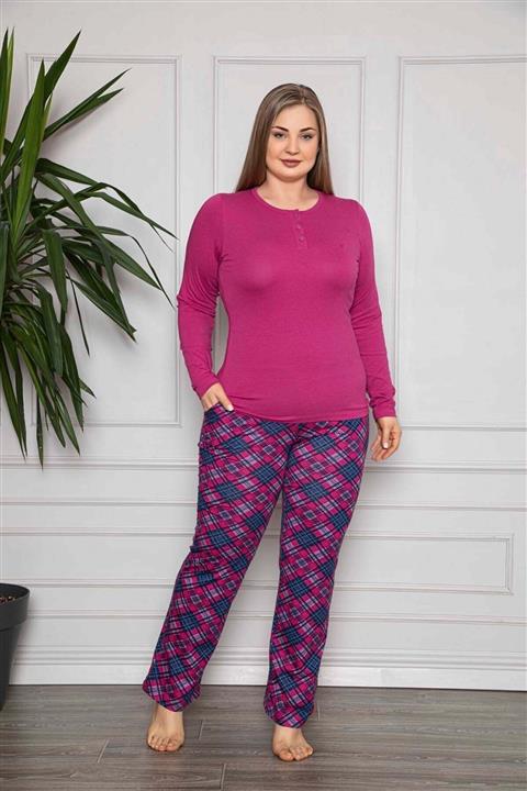Pemilo Kadın Büyük Beden Modal Cepli Uzun Kol Pijama Takımı Pembe 4777