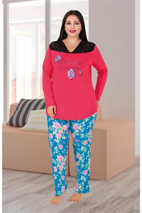 tarzimsuper Kadın Büyük Beden Dantel Yakalı Kırmızı Ve Mavi Desenli Pijama Takımı