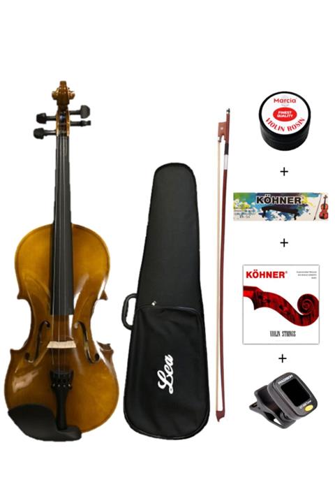 LEA 4/4 Tam Boy Parlak Keman Tam Set Akort Cihazı + Tel + Yastık + Reçine + Hard Case Çanta