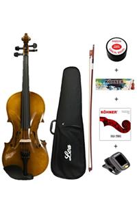 LEA 4/4 Tam Boy Parlak Keman Tam Set Akort Cihazı + Tel + Yastık + Reçine + Hard Case Çanta