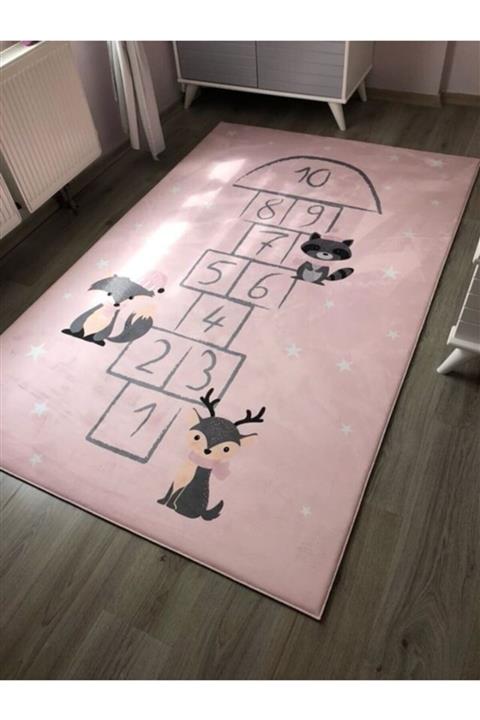 HalıVagonu Hv320p Seksekli Pembe 11mm Dijital Baskı Çocuk Halısı