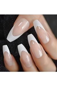 EDA LUXURY BEAUTY Natürel Pembe Beyaz French Takma Tırnak Lüks Doğal Extra Uzun Kare Coffin Ballerina Nail Art Set