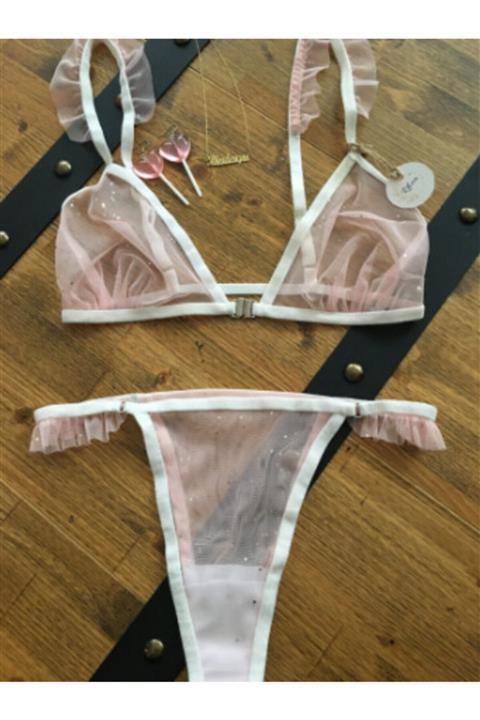Rhea's by irem ekinci Kadın Pembe Simli Tül Bralet Set