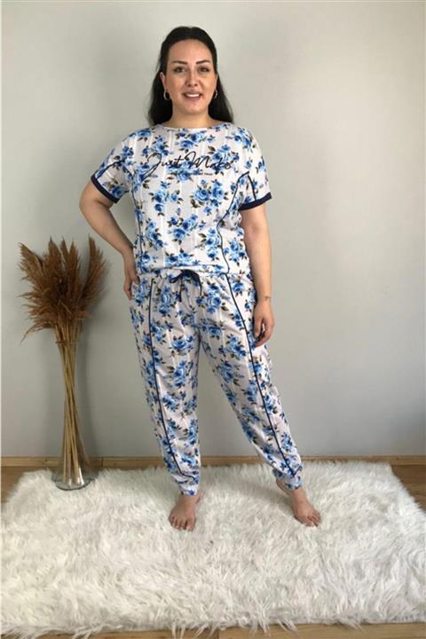 tarzimsuper Kadın Büyük Beden Çiçek Desenli Kısa Kollu Paça Lastikli Pijama Takımı