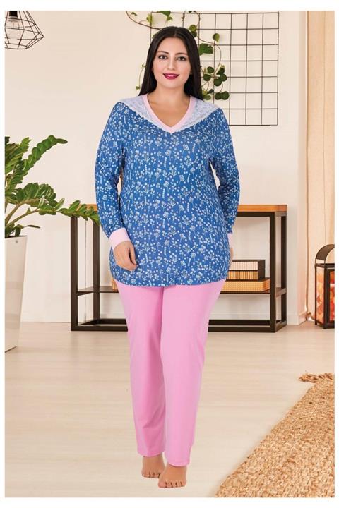 tarzimsuper Kadın Büyük Beden Uzun Kollu V Yakalı Dantel Detaylı Mavi Pembe Pijama Takımı