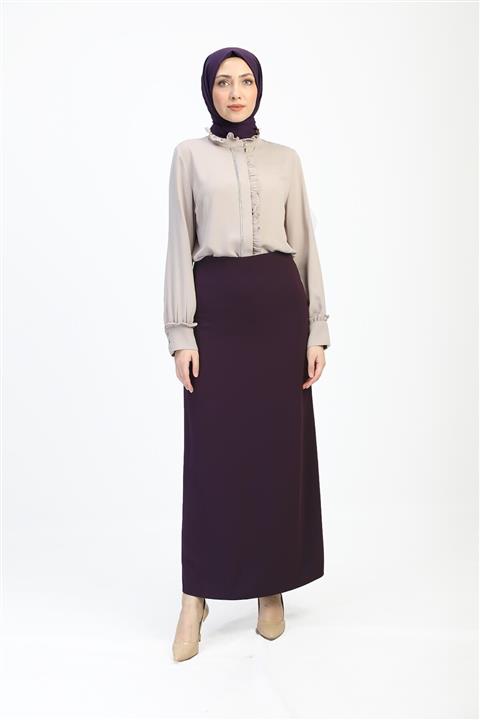 Kemal Aydın Kapali Yirtmaç Detayli Tesettür Kalem Etek - Mürdüm