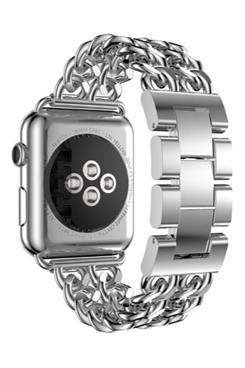 Apple Watch 1 2 3 4 5 6 Se 44 Mm Zincir Halkalı Metal Kayış Kordon Gümüş + Popsocket