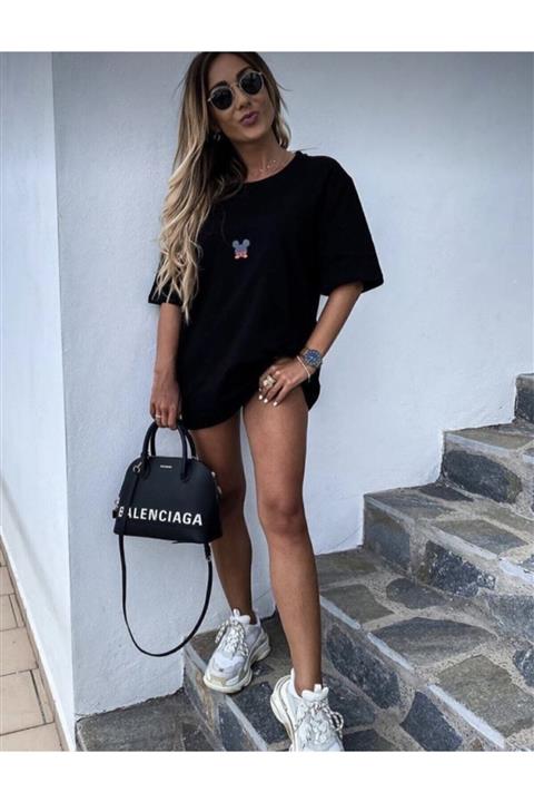 AFROGİYİM Kadın Siyah Mickey Mouse T-shirt