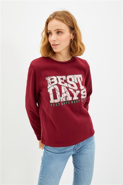 TRENDYOLMİLLA Bordo Şardonlu Baskılı Basic Örme İnce Sweatshirt TWOAW22SW0893