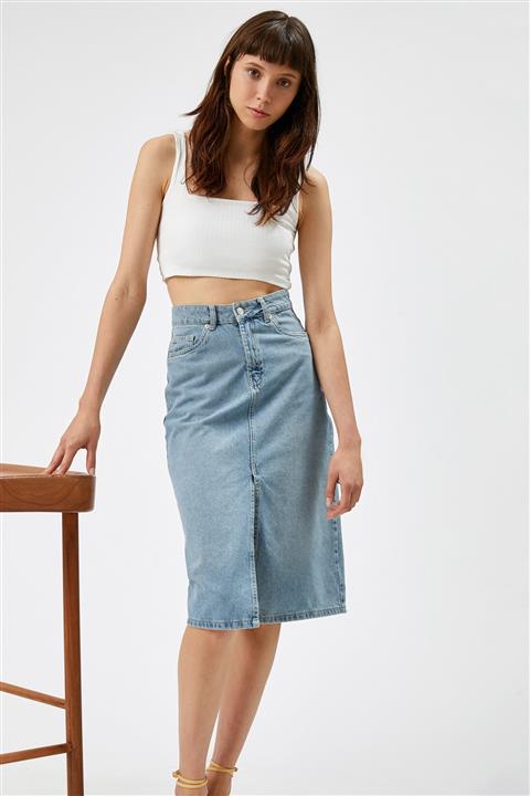 Koton Yırtmaçlı Midi Kot Etek