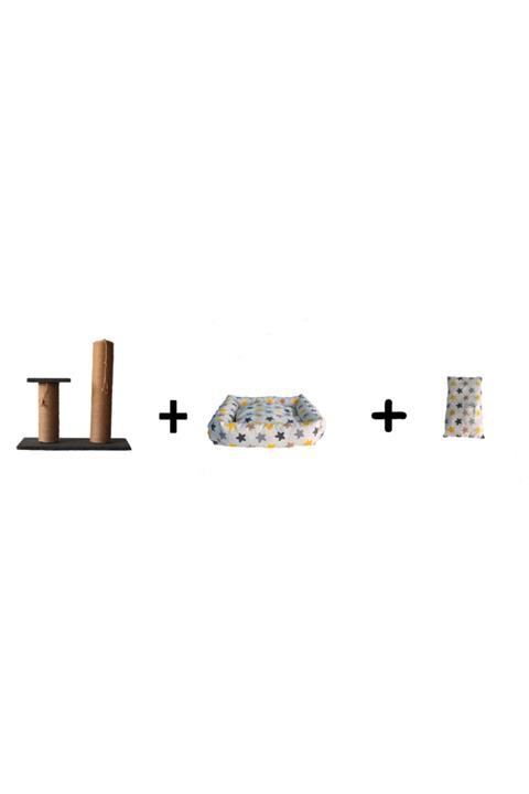 Hesaplı Pet Kedi Tırmalaması Kalın Silindir+Yumuşak Kedi Yatağı+Box Minderi--Eko 3'lü Set
