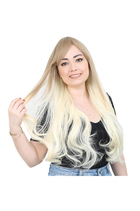 Peruk Market Küllü Balköpüğü Platin Ombreli Kahküllü Uzun Dalgalı Fiber Sentetik Peruk