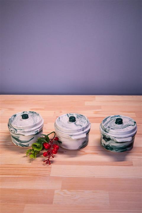 Decorandmore Cocotte 3 Adet Kahvaltılık Çerezlik Petrol Yeşili Marble 10 X 7 Cm