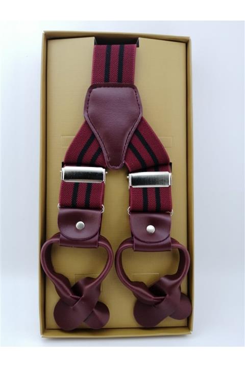 Elegans Giyim Aksesuar Bordo Çizgili Düğmeli Model Salopet Pantolon Askı