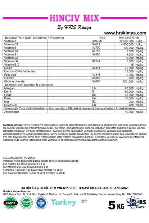 HRS KİMYA Hincivmix Hindi Tavuk Civciv Yetiştirme Maksimum Verin Büyütme Vitamin Mineral 5 Kg