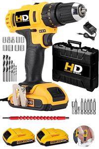 HD Hammer Drill American 32 V 5 Ah X-drill Metal Şanzuman Bakır Sargılı Çift Akülü Şarjlı Matkap 27 Parça Set