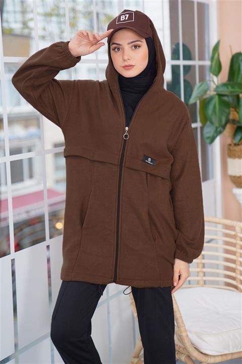 Afilva Kadın Kapüşonlu Armalı Kahve Polar Hırka