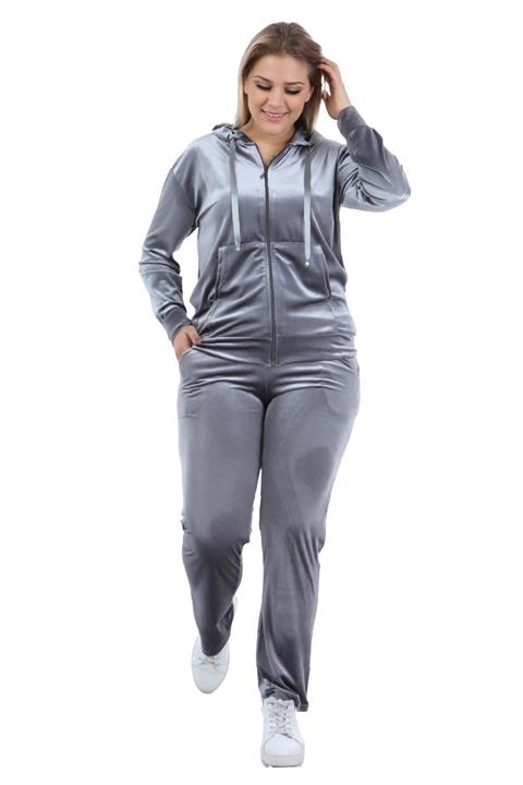 FİERTE Kadın Büyük Beden Eşofman Takım Art8212 Kapüşon Fermuar Kapama Kanguru Cep Elastik Bel Kadife