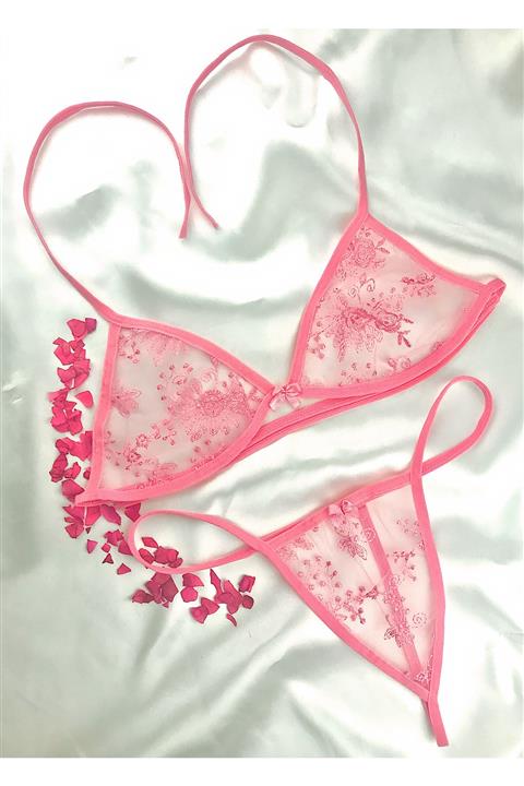 BellaMoore Kadın Pembe Dantel Işlemeli Sütyen Külot Takımı