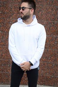 HUMEN Erkek Beyaz Uzun Kollu Kapüşonlu Üst Kanguru Cepli Beyaz Polar Sweatshirt