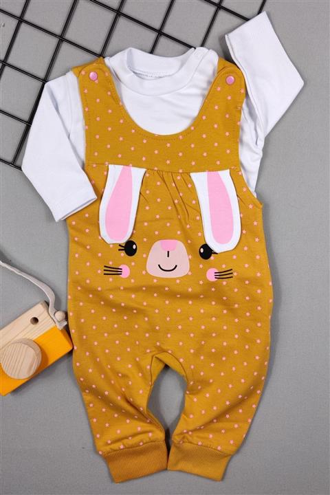 ADABEBEK Kulak Aksesuarlı Tavşan Desenli Içi Badili Salopet Takım