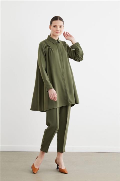 TERZİ DÜKKANI Amore Krep Büzgülü Takım Haki