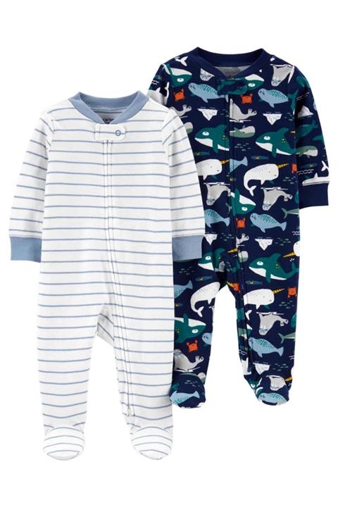 Carter's Erkek Bebek Balina Ve Çizgi Desenli Çift Yönlü Fermuarlı Tulum 2'li