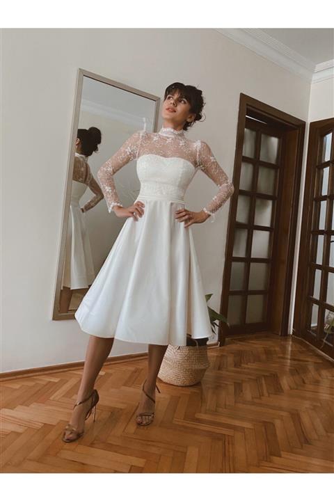 BETTY & SAM Volanlı Beyaz Dantel Elbise