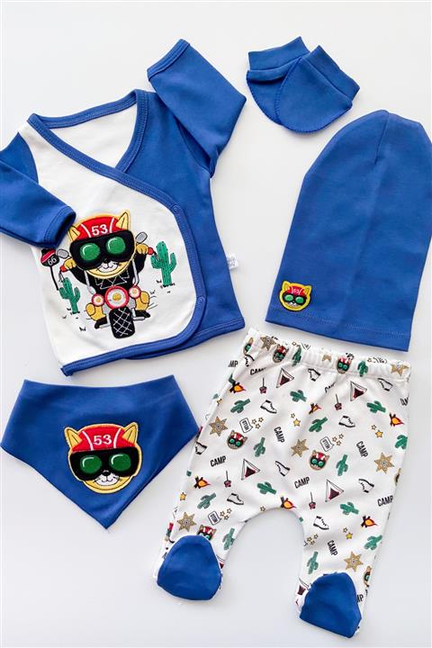 Uğurlu Bebe Erkek Bebek Lacivert Motorcu Kedi 5 Parça Hastane Çıkış Seti