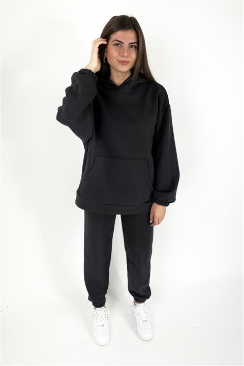 Boell.clo Kadın Siyah Kapüşonlu Oversize Eşofman Takımı