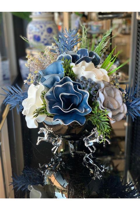 TASARIMHMODA Yapay Çiçekli Gümüş Atlı Döküm Vazo No:2