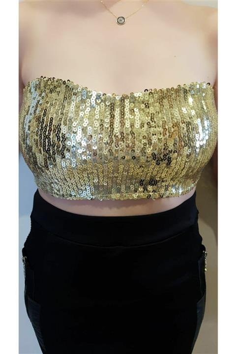 SOUL BY A&B Altın Sarısı Pullu Payetli İçi Kaymaz Slikonlu Strapless Crop Büstiyer