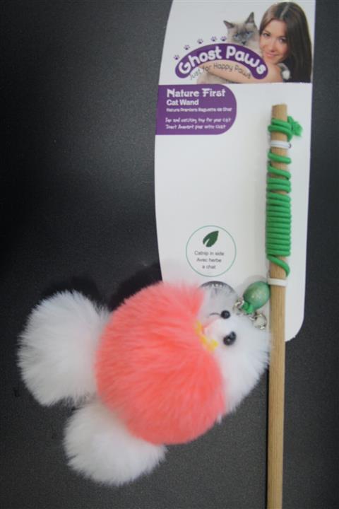 Ghost Paws Kedi Oyuncağı Kedi Oltası 40 Cm Ahşap Çubuk Elastik Ip - Turuncu Beyaz Pofuduk Köpek -