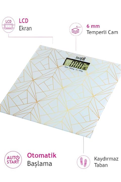 Karadeniz Şömine Digital Beyaz Gold Üçgen Desen Hassas Cam Baskül Tartı-180 Kg