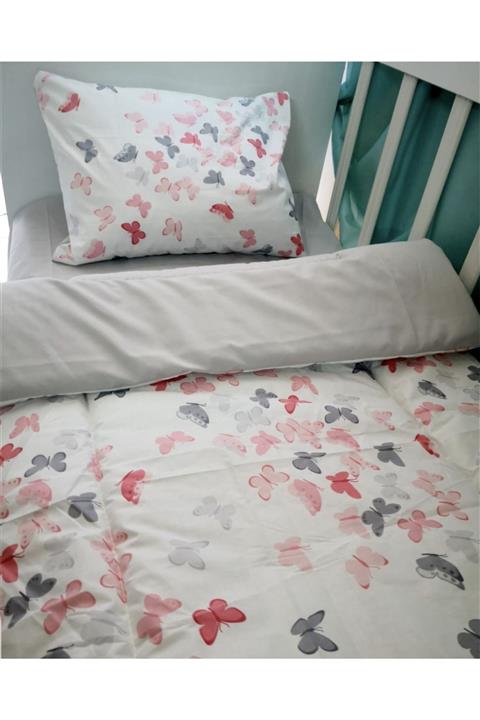 Bebek Özel %100 Pamuk Bebek/çocuk 70x110 Park Beşik Yastık Çarşaf Yorgan Pembe Kelebekli Gri