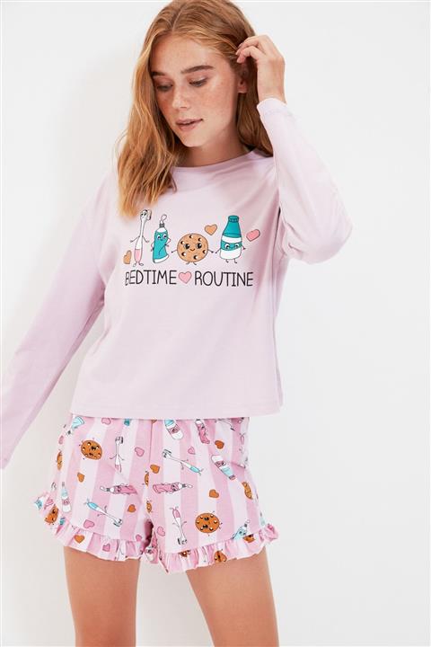 TRENDYOLMİLLA Pudra Baskılı Örme Pijama Takımı THMAW22PT0127