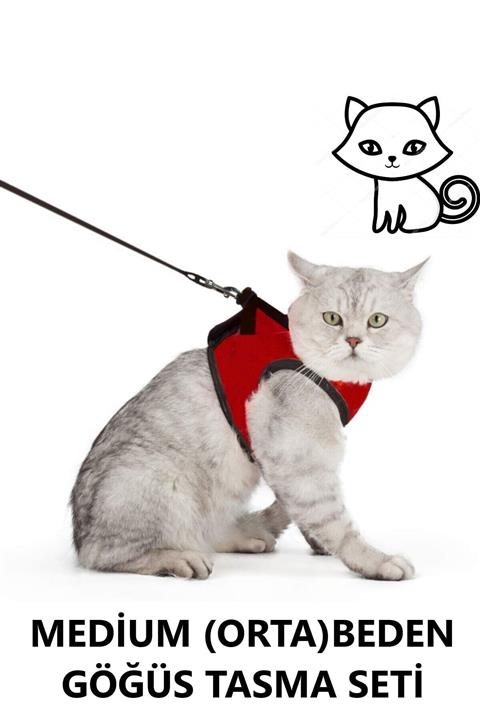 Ksburda Kaçış Önleyici Nefes Alabilen Yüzey Kedi Gezdirme Göğüs Tasma Seti Kırmızı