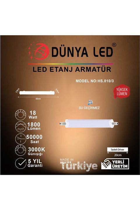DÜNYA LED Hs.810/3 18w Led Etanj Çift Klemens Ip65 3000 k Günışığı