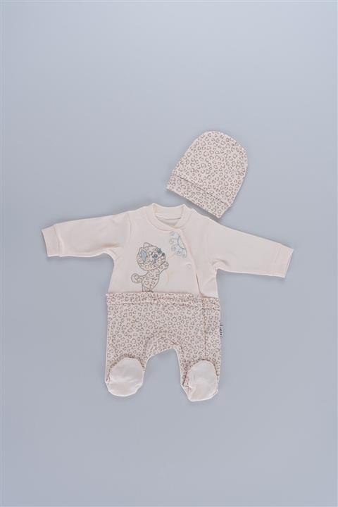 Bluemse Kız Bebek Leopar Desenli Kedi Nakışlı Şapkalı Tulum
