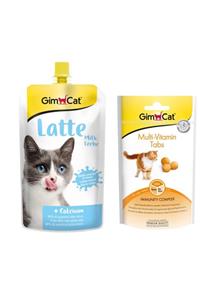 Gimcat Milk Latte Sıvı Kedi Sütü 200 ml + Multi Vitamin Kedi Ödül Tableti 40 gr