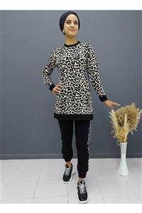 FAHRETTİN MODA Leopar Desenli Uzun Tunik Eşofman Takım