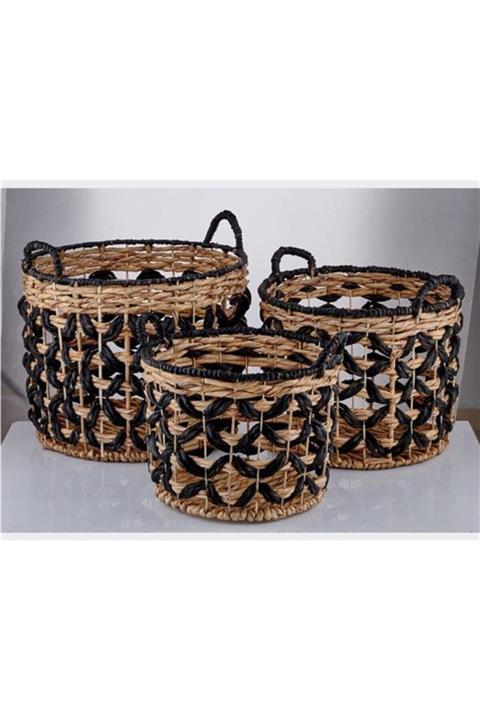 Cemile Yuvarlak Bej-siyah Kulplu 3'lü Sepet Seti