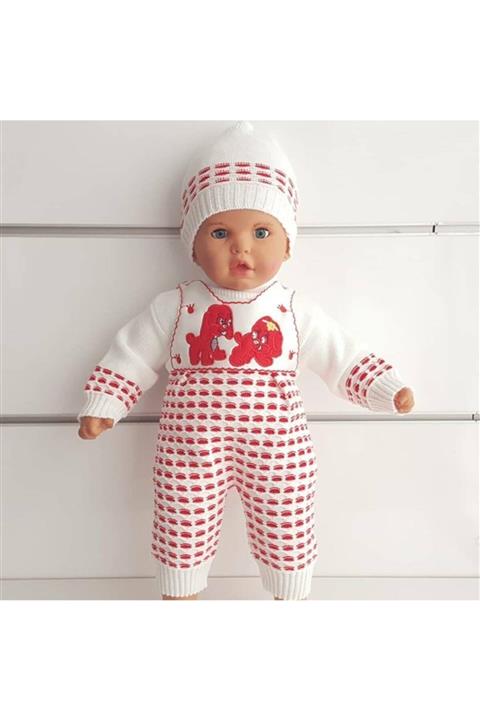 bebegen Köpek Baskılı Kırmızı 3 Li Kız Bebek Triko
