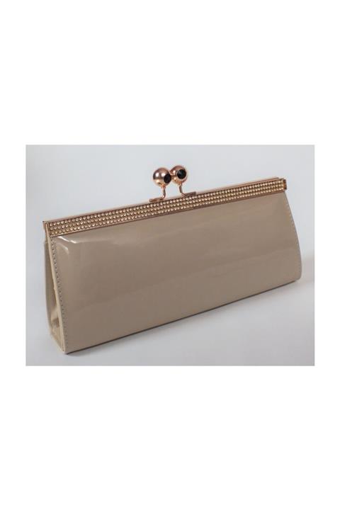 Abiye Butik Çanta Ten Rengi Rugan Taş Tokalı Abiye Çanta