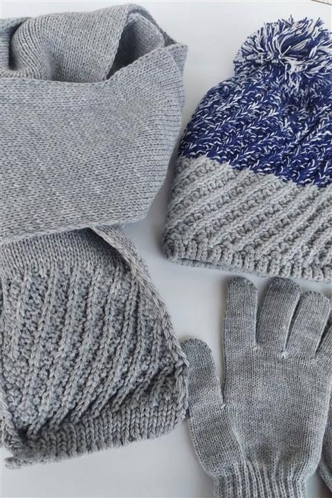 Kitti 9-15 Yaş Atkı Bere Eldiven Set Gri Erkek Garson Anti-pilling Tüylenme Yapmaz Polar