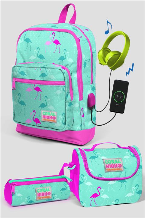 Coral High Kids Su Yeşili Flamingo Desenli Dört Bölmeli Usb Şarjlı Kulaklık Çıkışlı 3'lü Çanta 23275